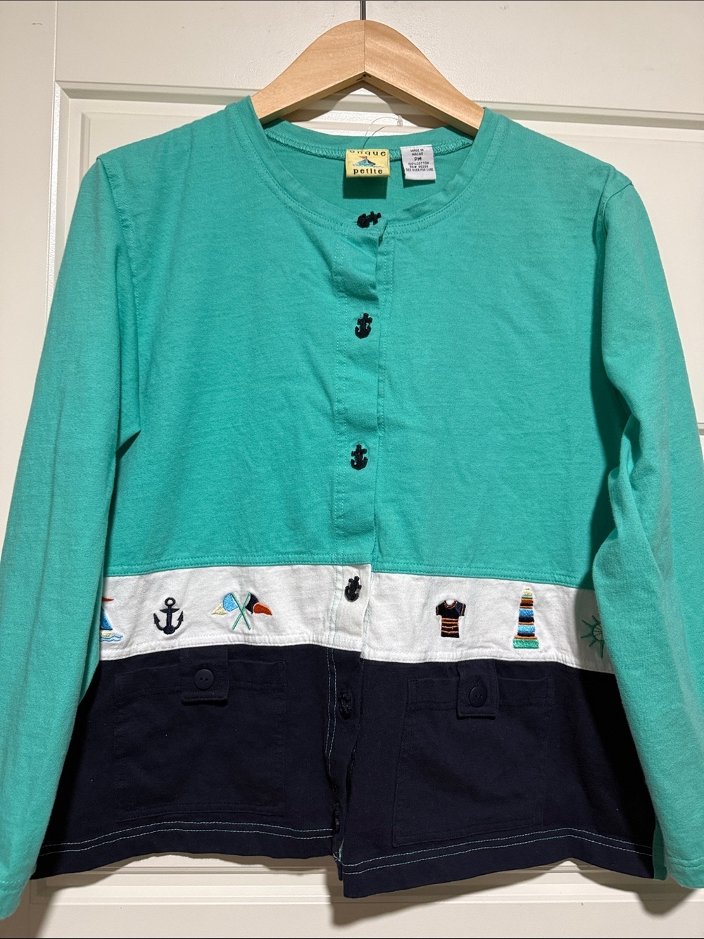 American Vintage onque petite Colorblock Henley Cardigan - Teal, White & Navy